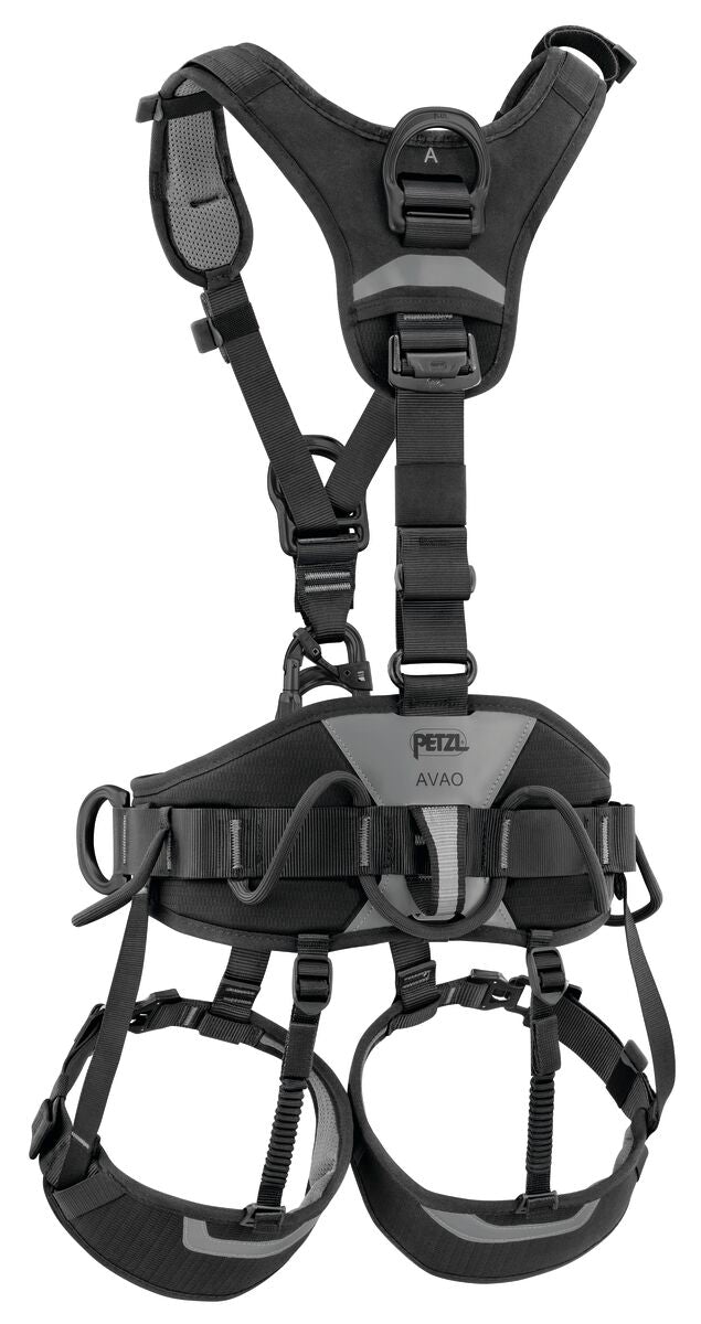 Black climbing harness with Petzl logo on a white background