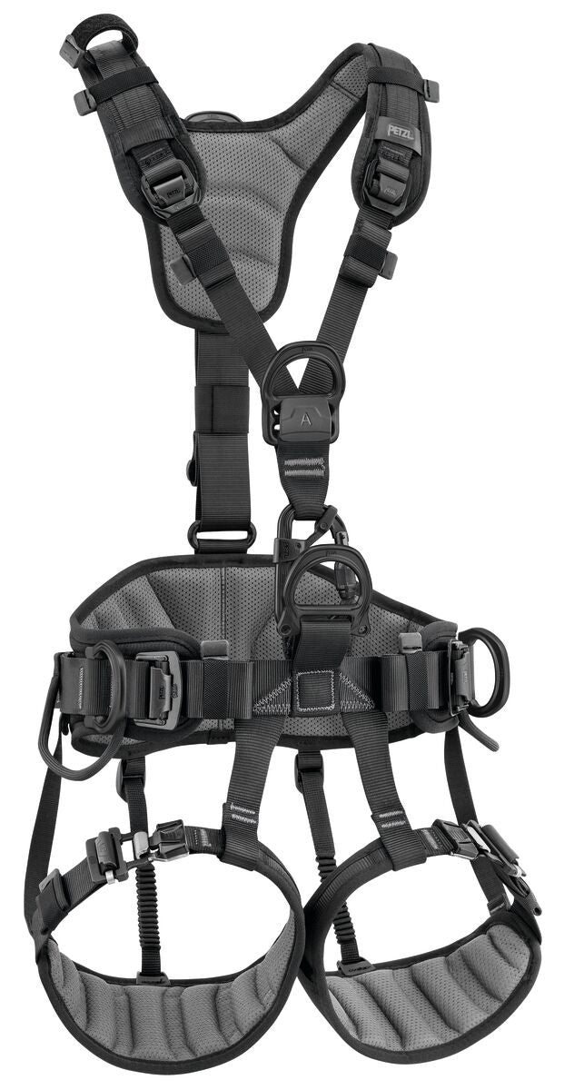 Black safety harness on a white background