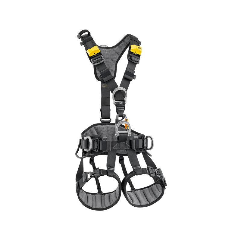 Gray safety harness with black straps on a white background