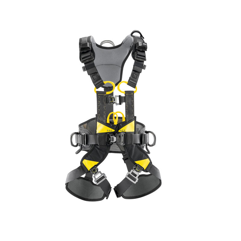 Safety harness with gray and black straps on a white background
