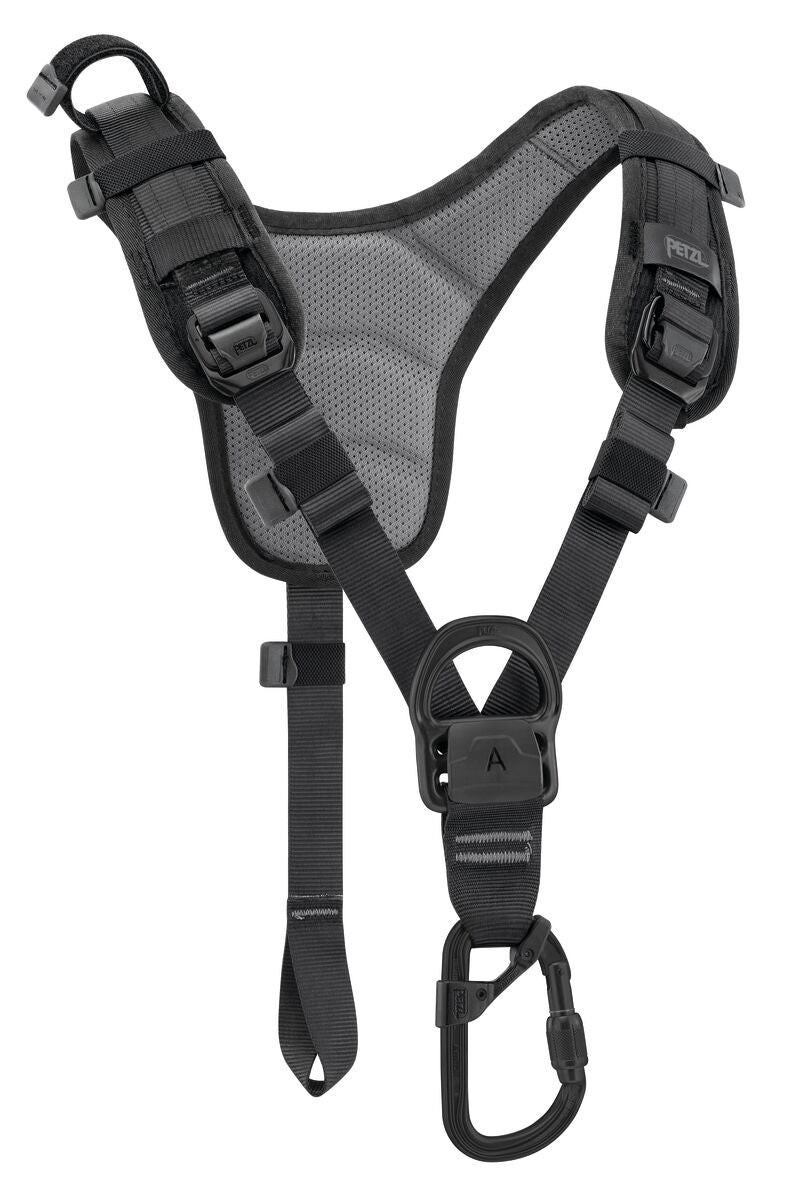 Black harness with carabiner on a white background