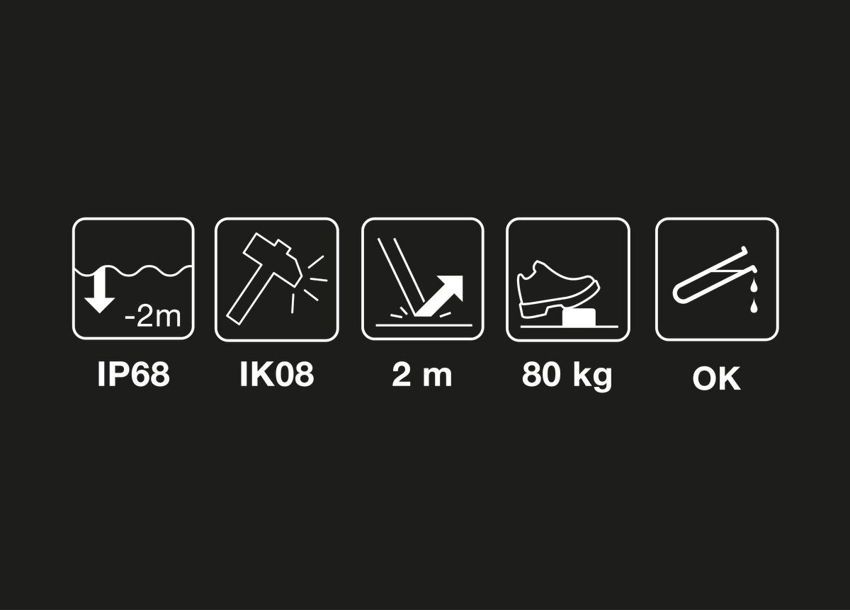 Set of icons and text on a black background indicating product specifications.