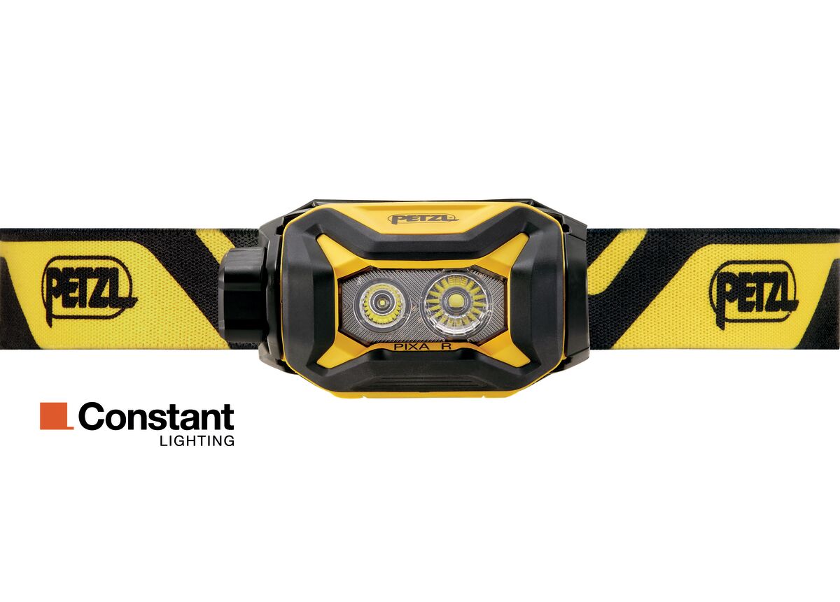 Yellow and black headlamp with Petzl branding on a white background