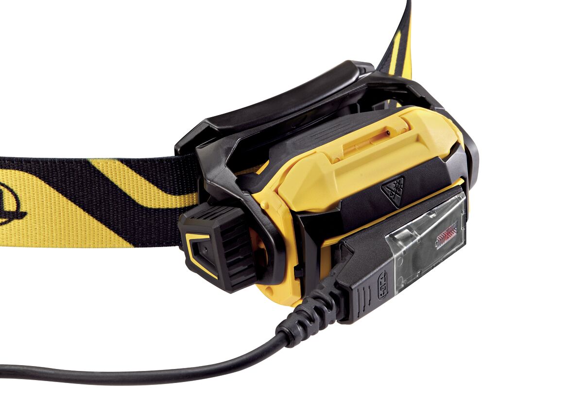 Yellow and black headlamp with visible branding on a white background