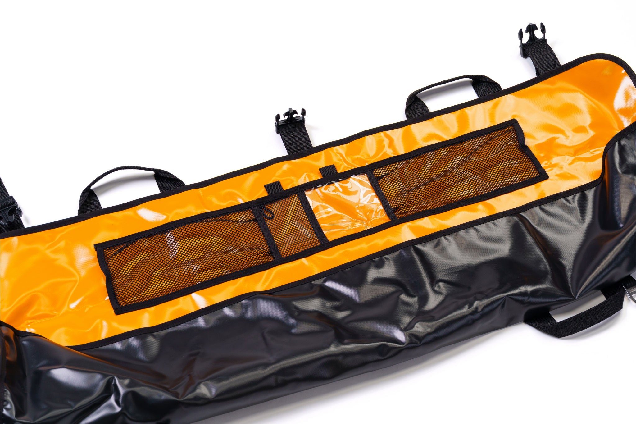 Orange and black bag with mesh panels on a white background