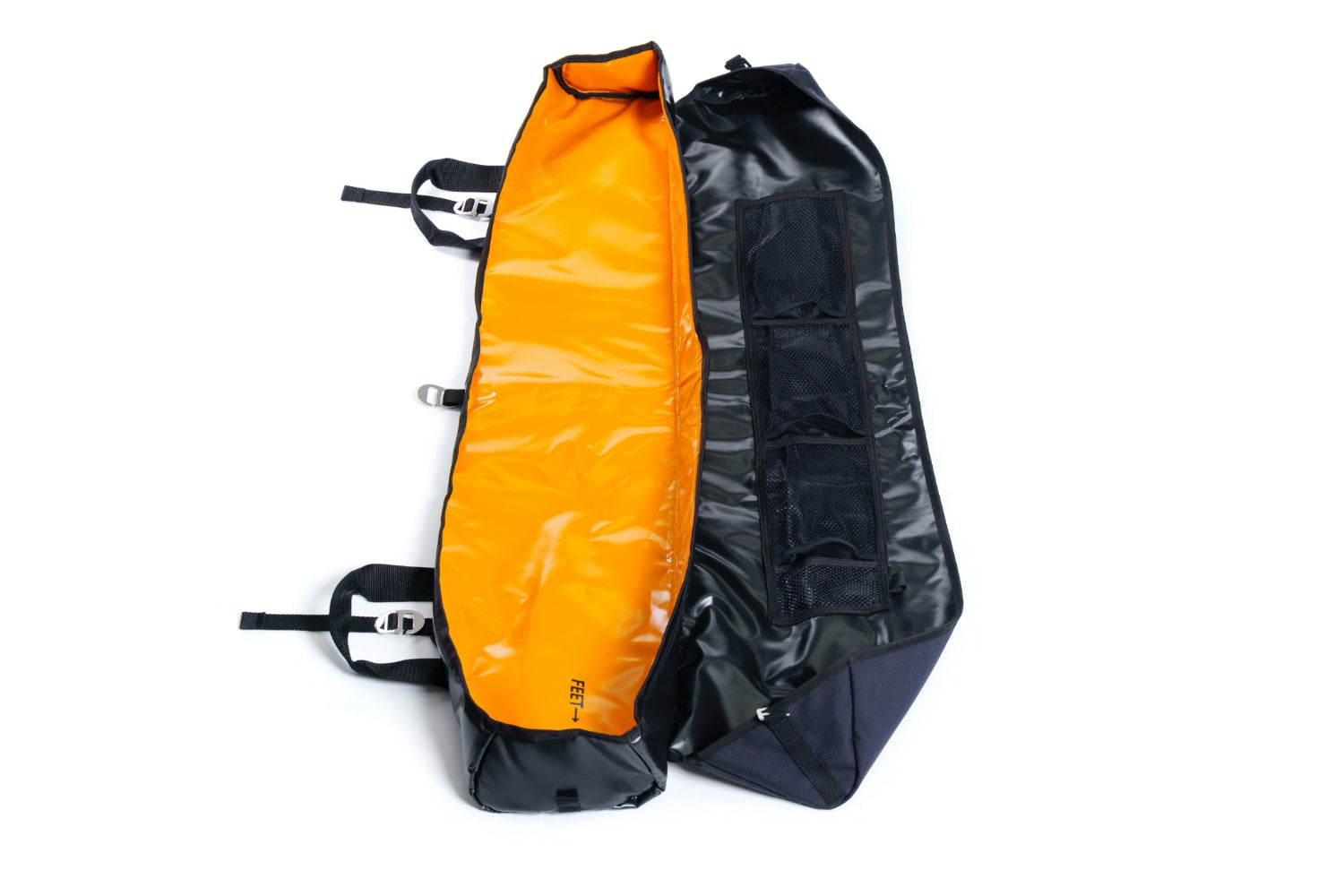 Orange and black backpacks on a white background