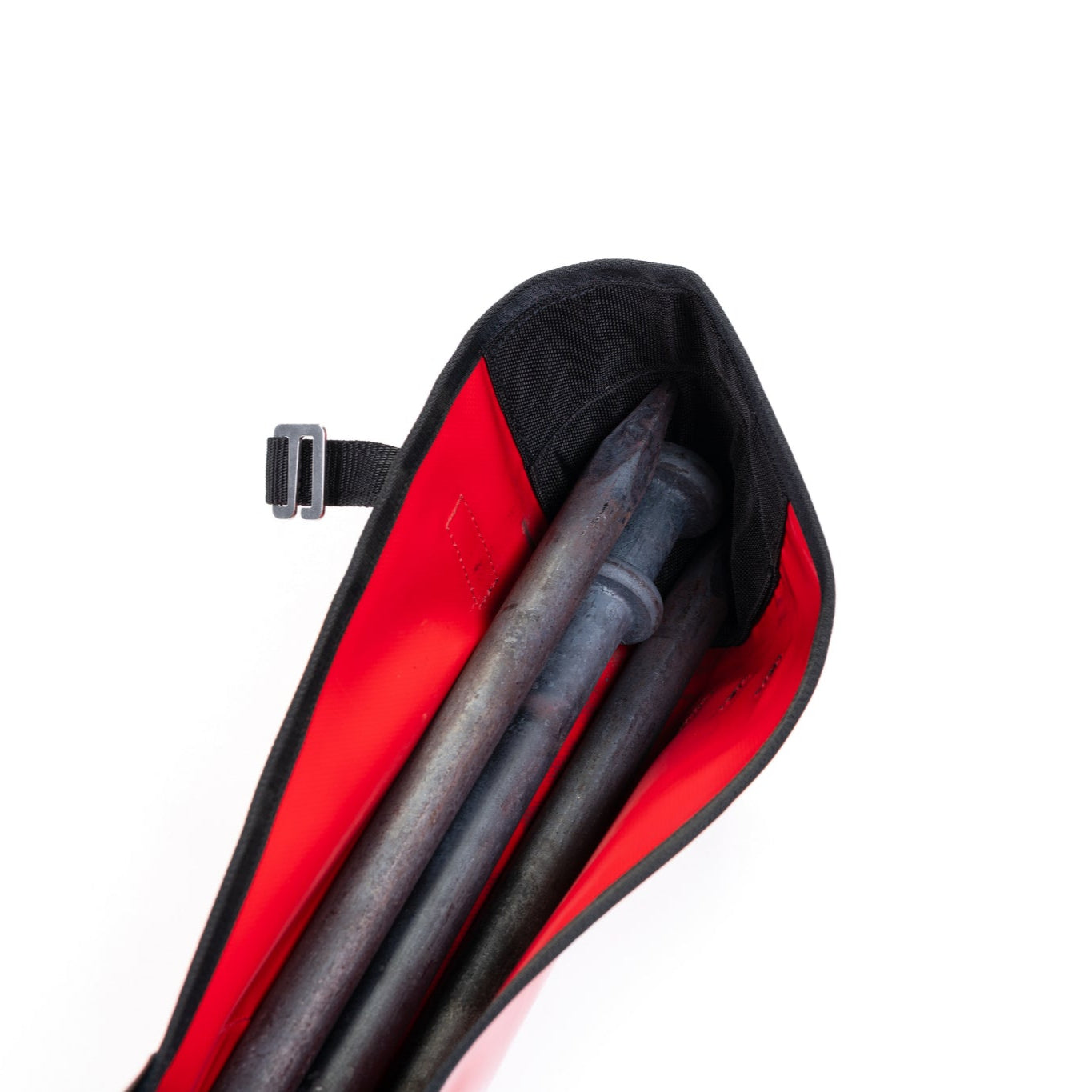 Black and red golf bag with golf clubs on a white background