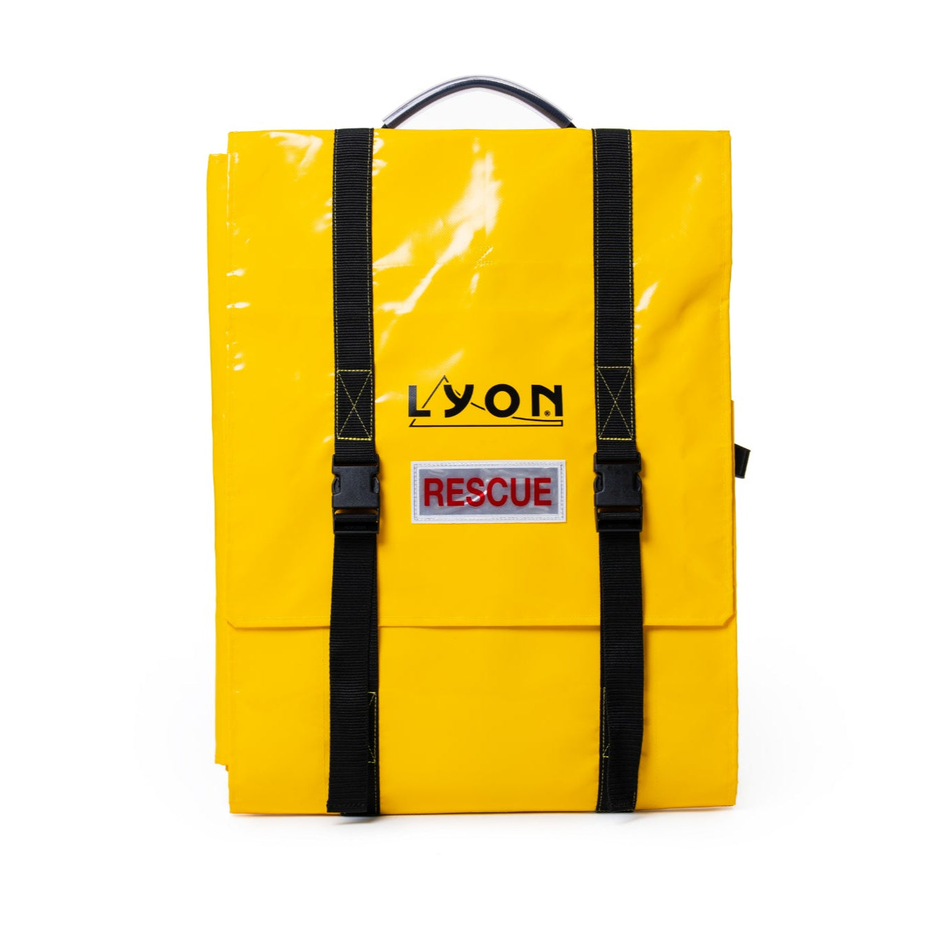 Yellow bag with black straps and 'LYON RESCUE' label on a white background