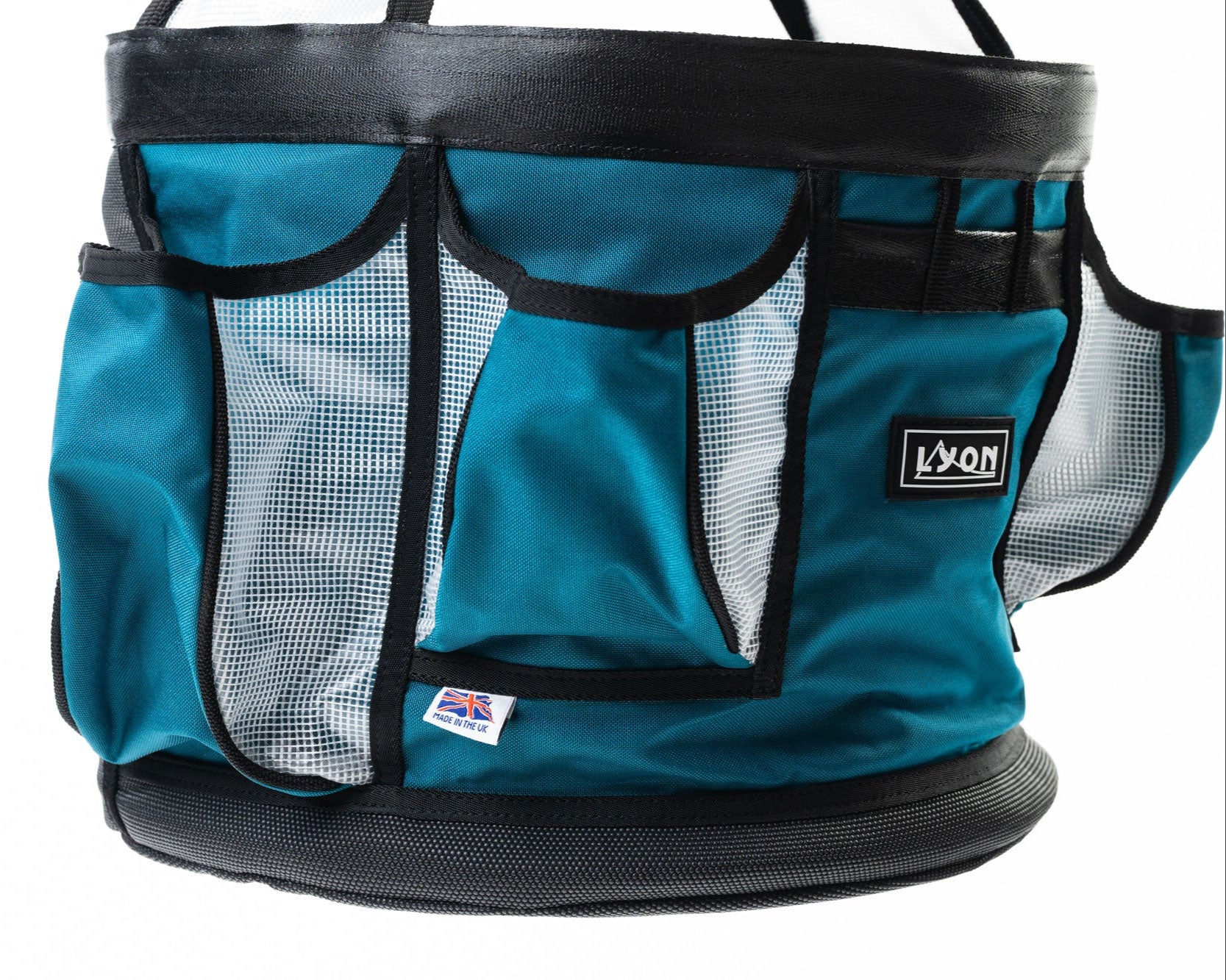 Blue pet carrier with mesh sides and black trim on a white background