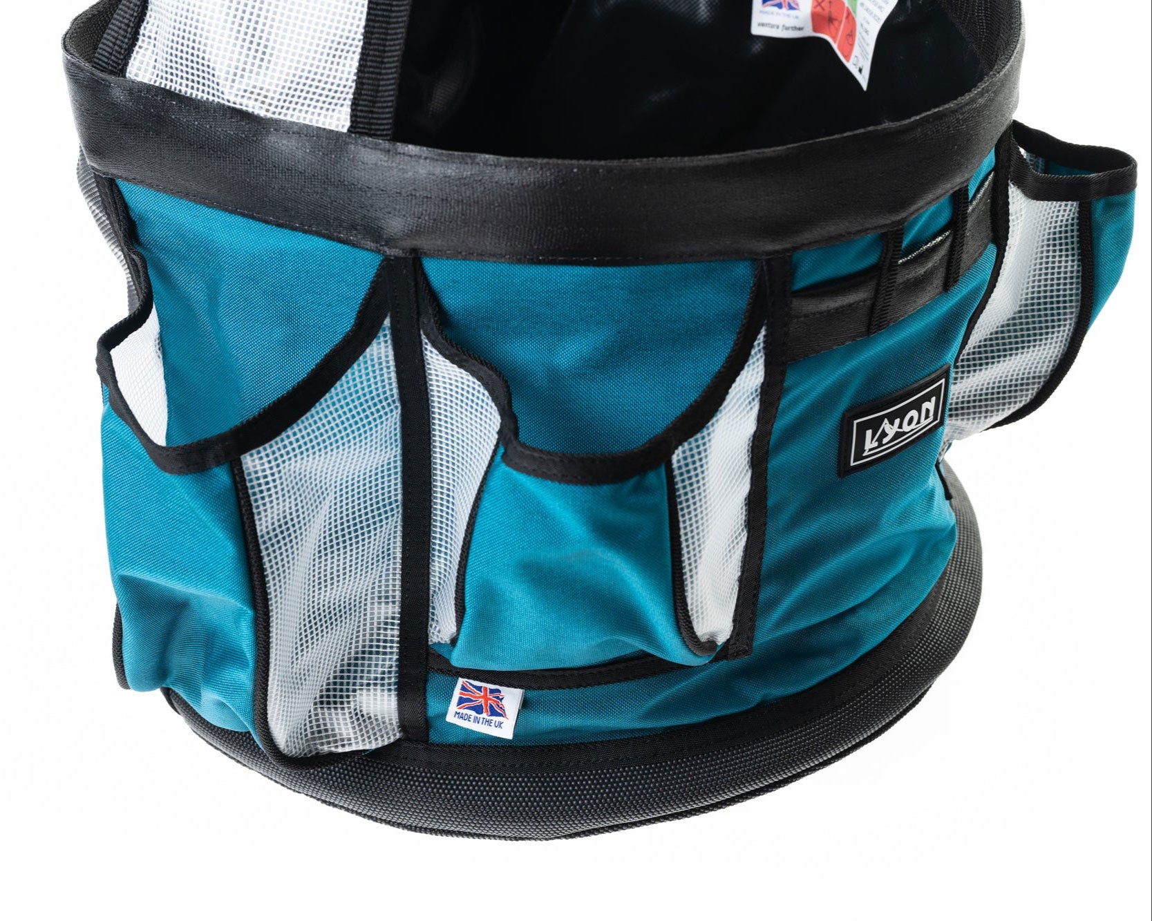 Teal pet carrier with black mesh sides on a white background