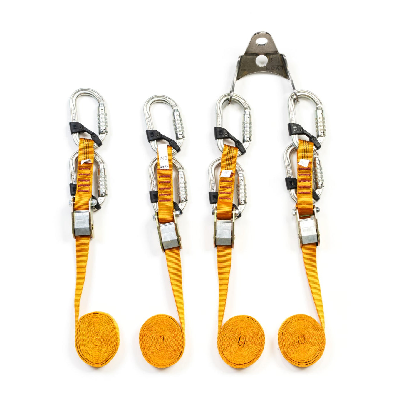 Set of four safety lanyards with carabiners on a white background