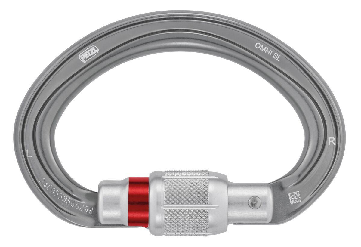 Silver carabiner with red accent on a white background
