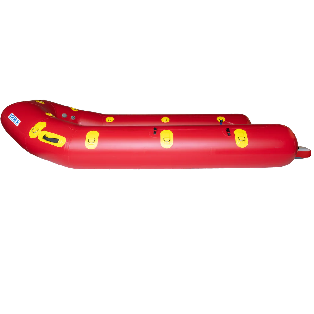 Red inflatable boat with yellow handles on a white background