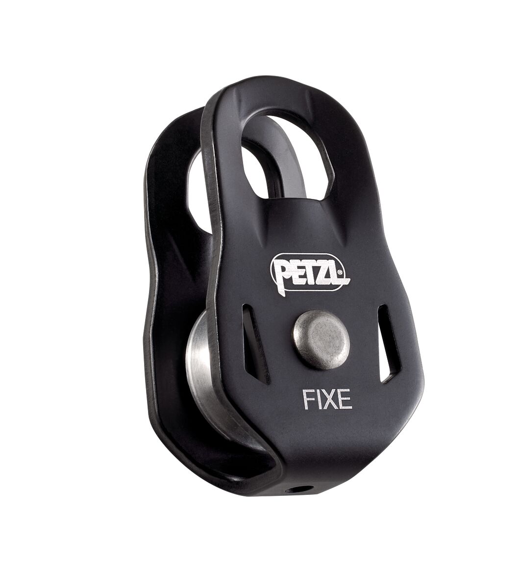 Black pulley system with 'Petzl' branding on a white background