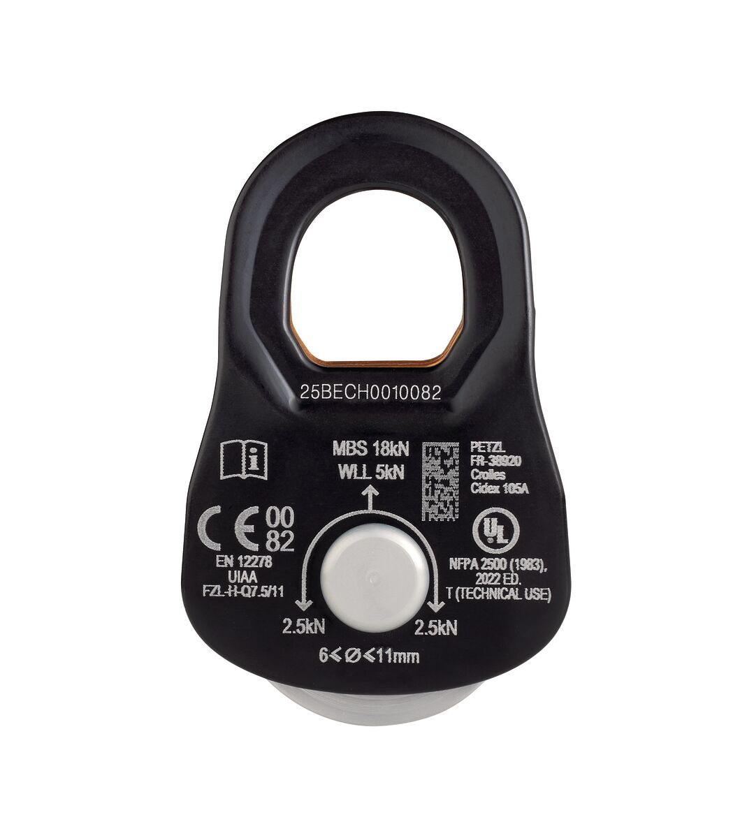 Black pulley system with technical specifications on a white background