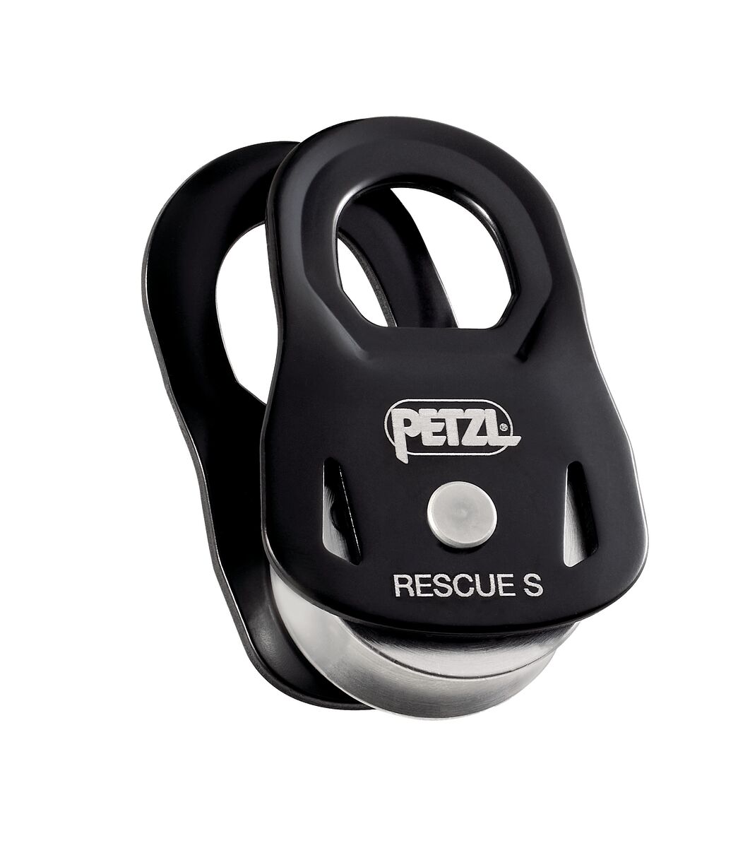 Black PETZL Rescue S pulley on a white background