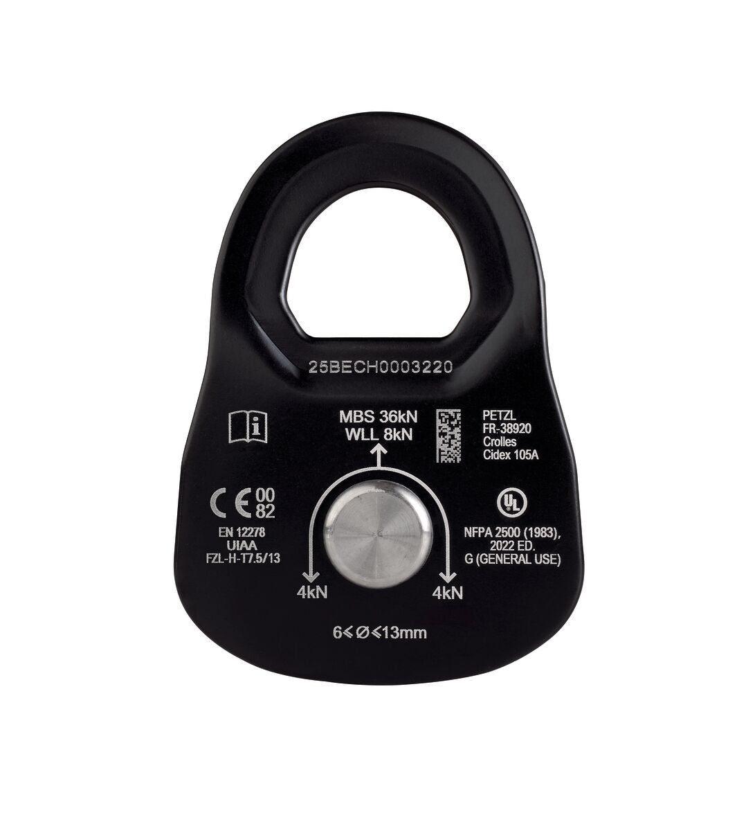 Black climbing pulley with technical specifications on a white background