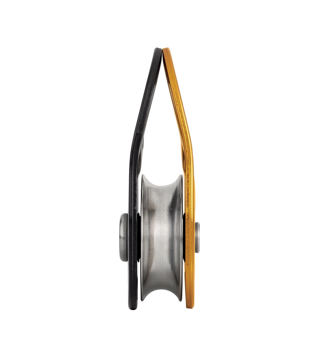 Metal pulley system with black and gold components on a white background