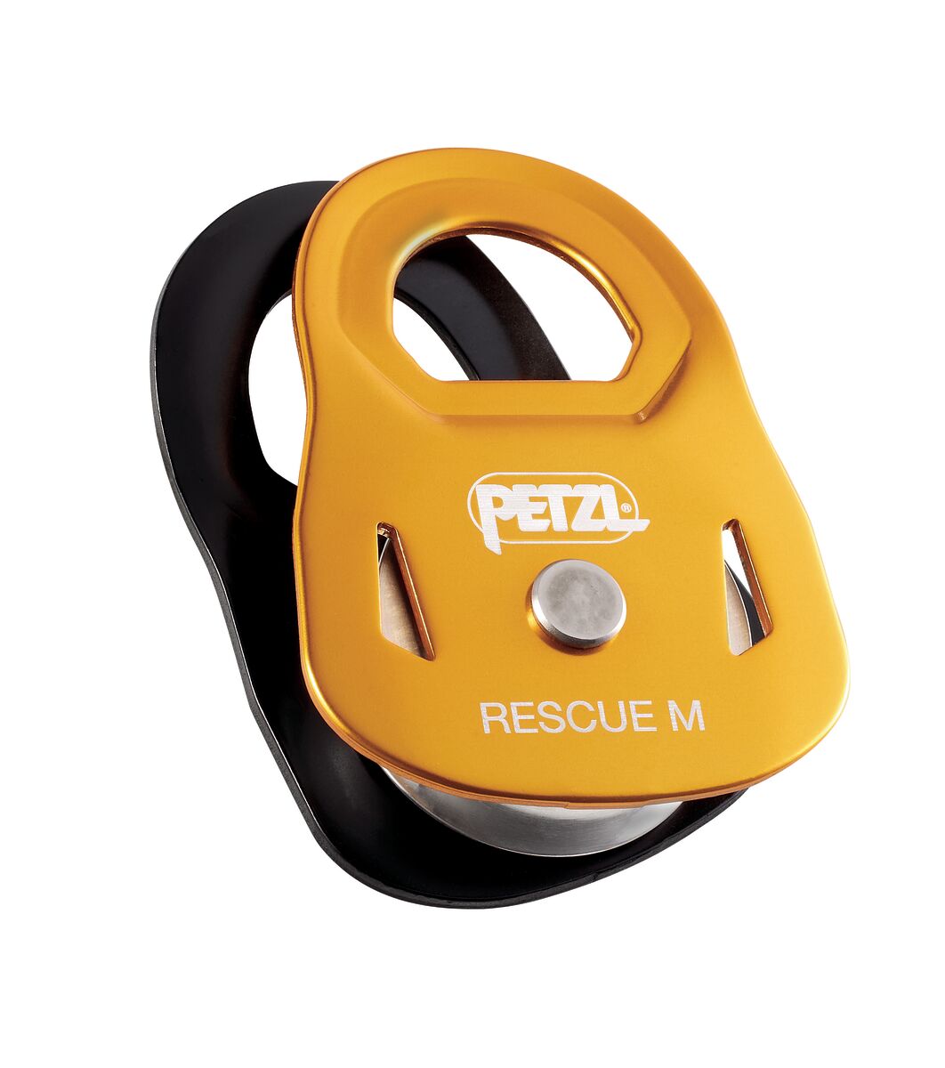 Yellow and black PETZL rescue pulley on a white background