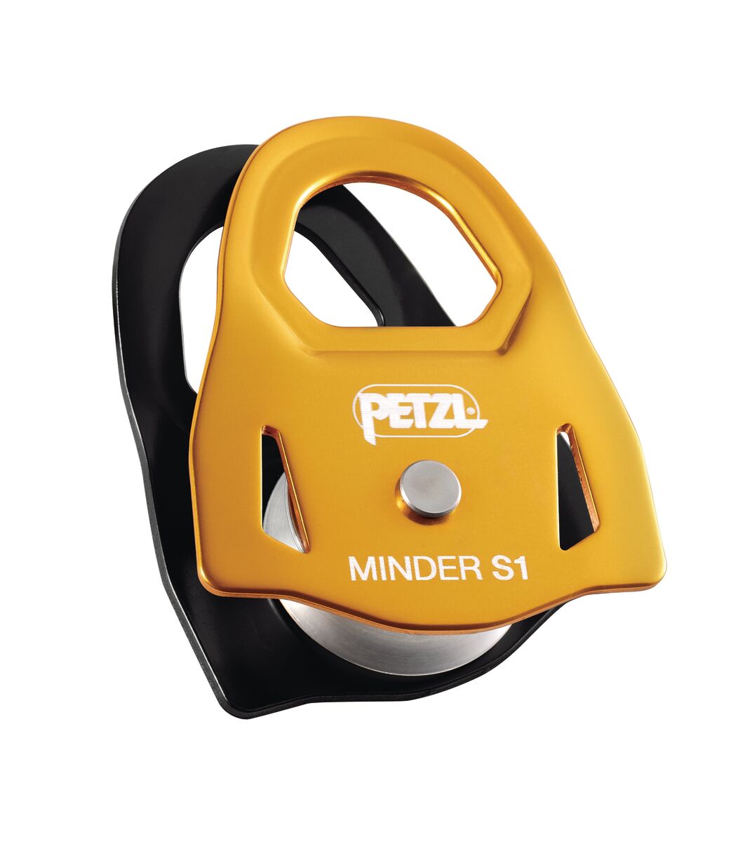 Yellow PETZL Minder S1 pulley on a white background