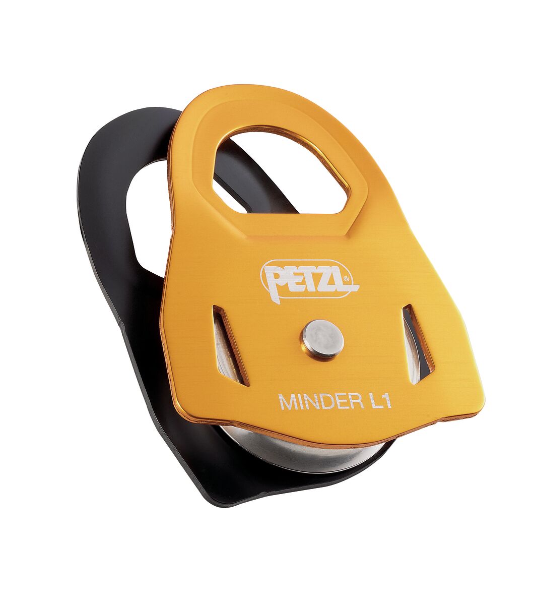 Yellow and black pulley system with 'Petzl' branding on a white background