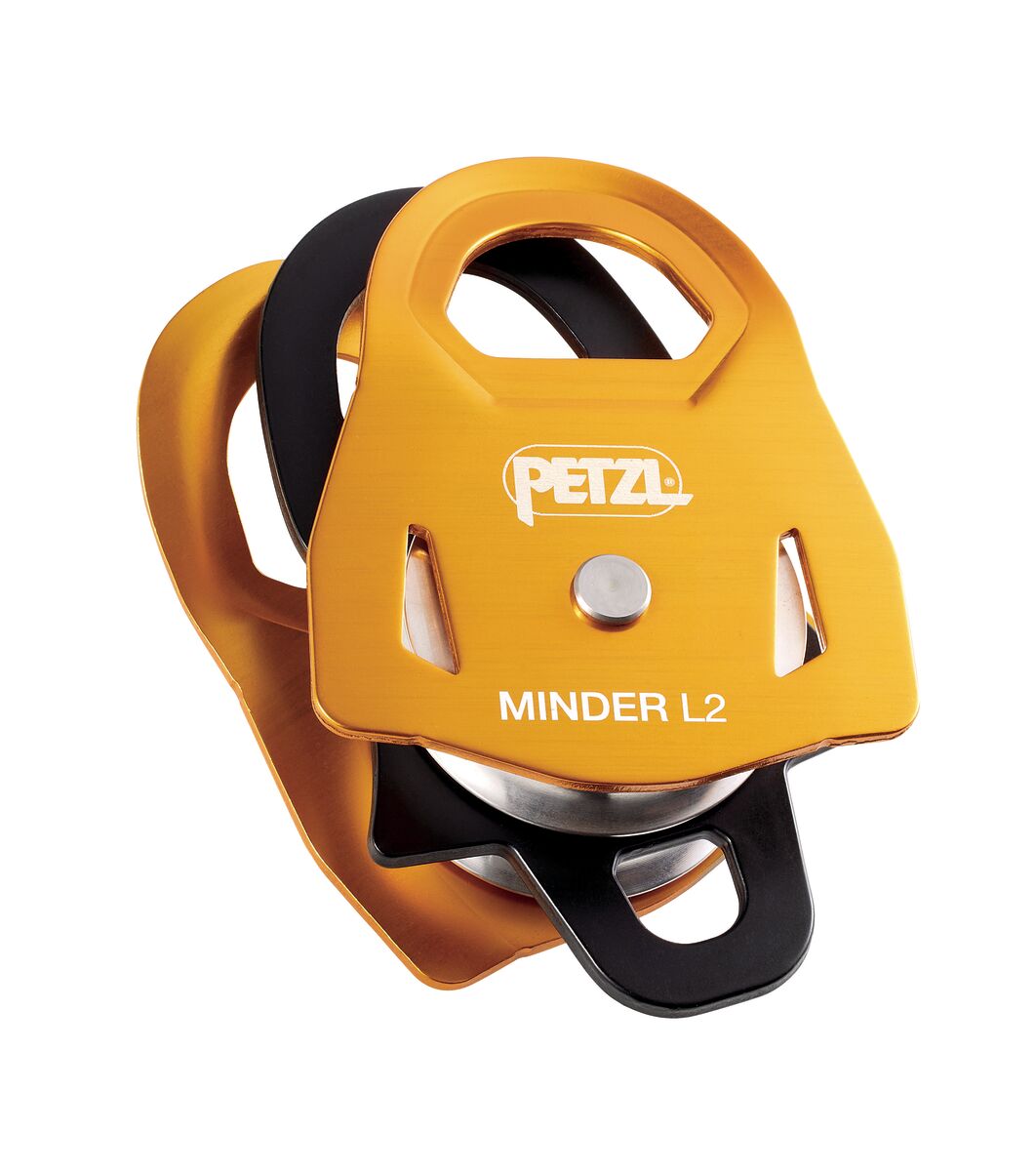 Yellow PETZL Minder L2 pulley system on a white background