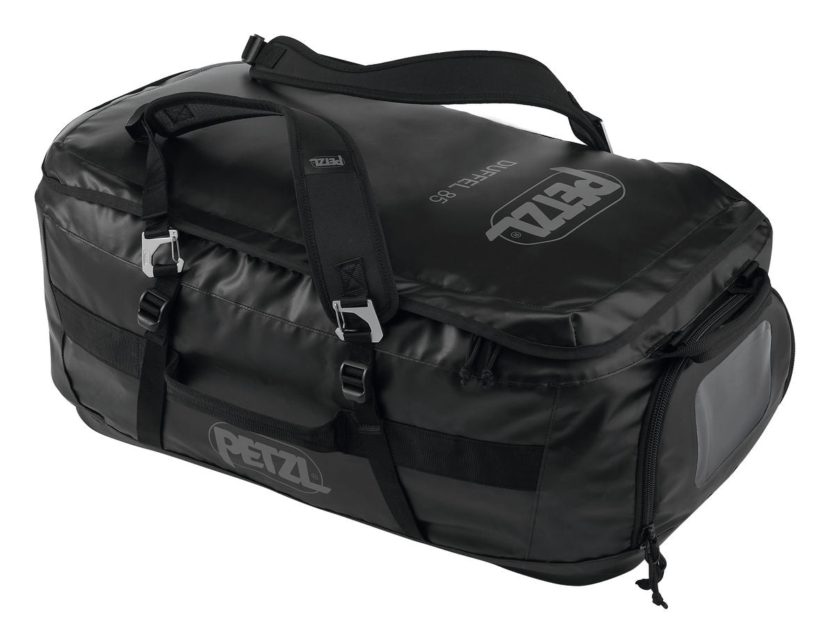 Black duffel bag with Petzl logo on a white background