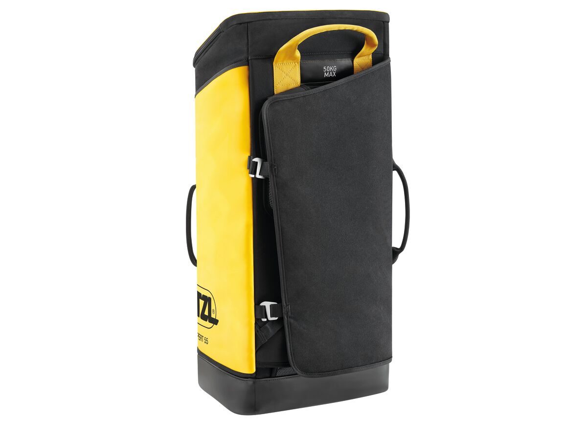 Yellow and black duffel bag with a visible brand logo on a white background