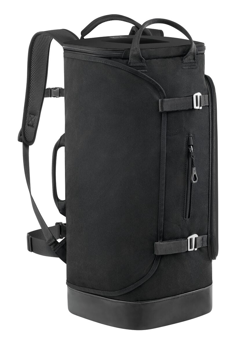 Black travel duffel bag with straps on a white background