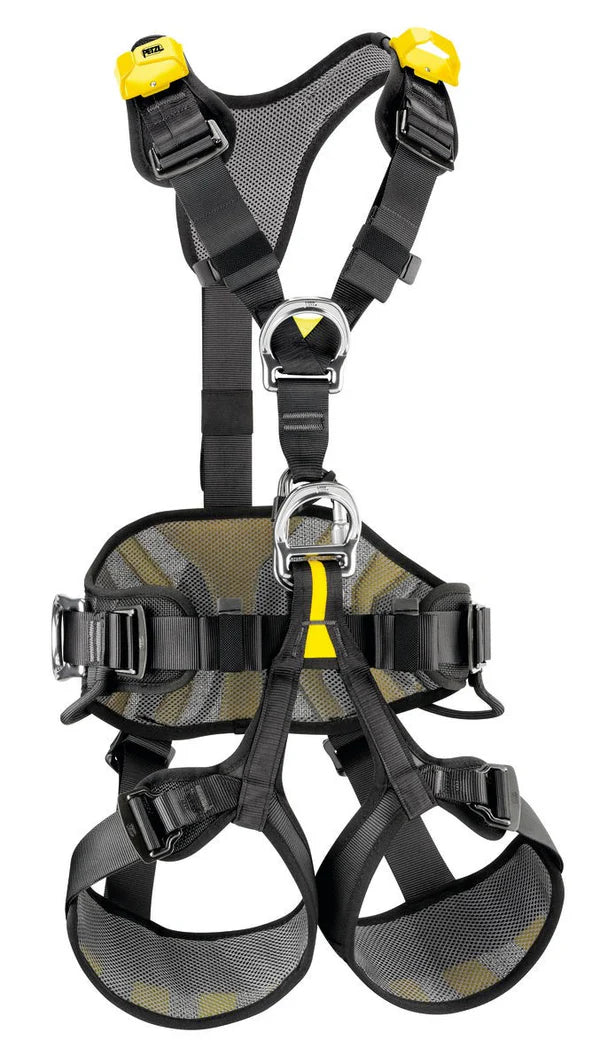 Black and yellow safety harness on a white background