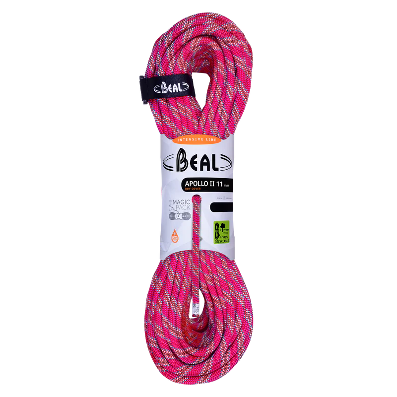Pink climbing rope with Beal label on a white background