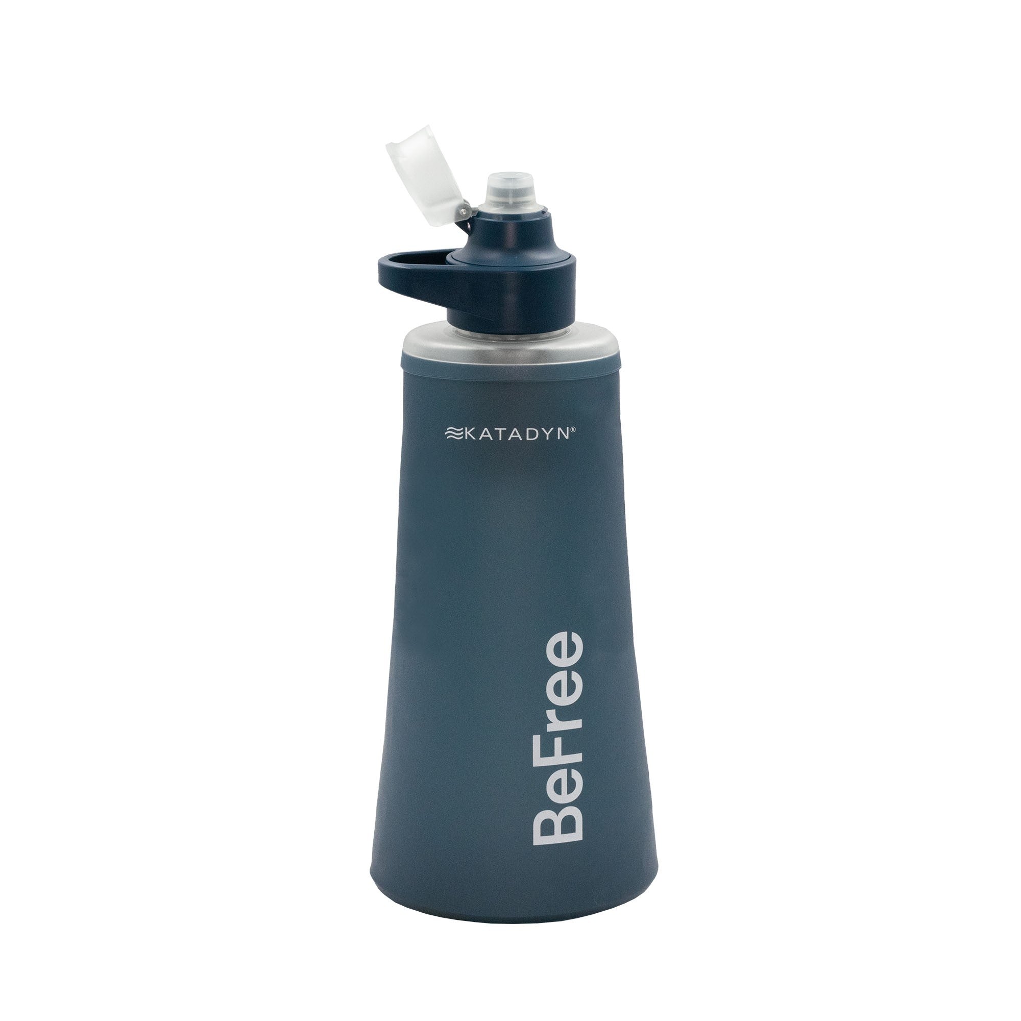 Blue water bottle with 'BeFree' and 'Katadyn' branding on a white background