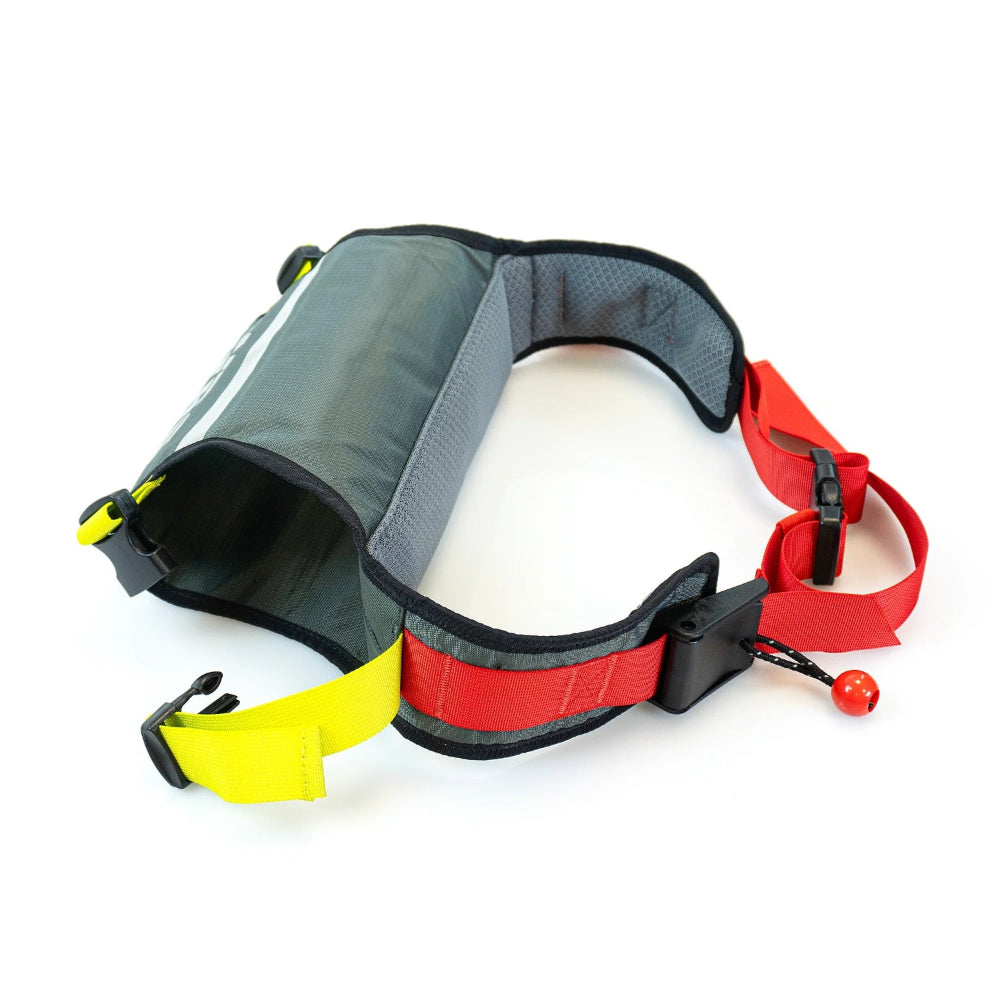 Gray and red dog harness with yellow accents on a white background