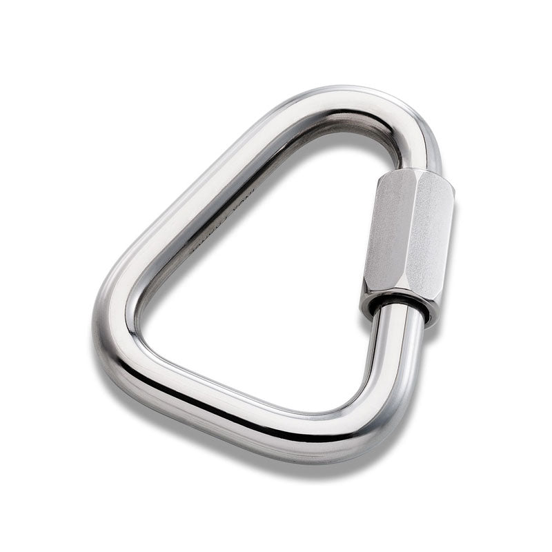 Metallic carabiner on a white background