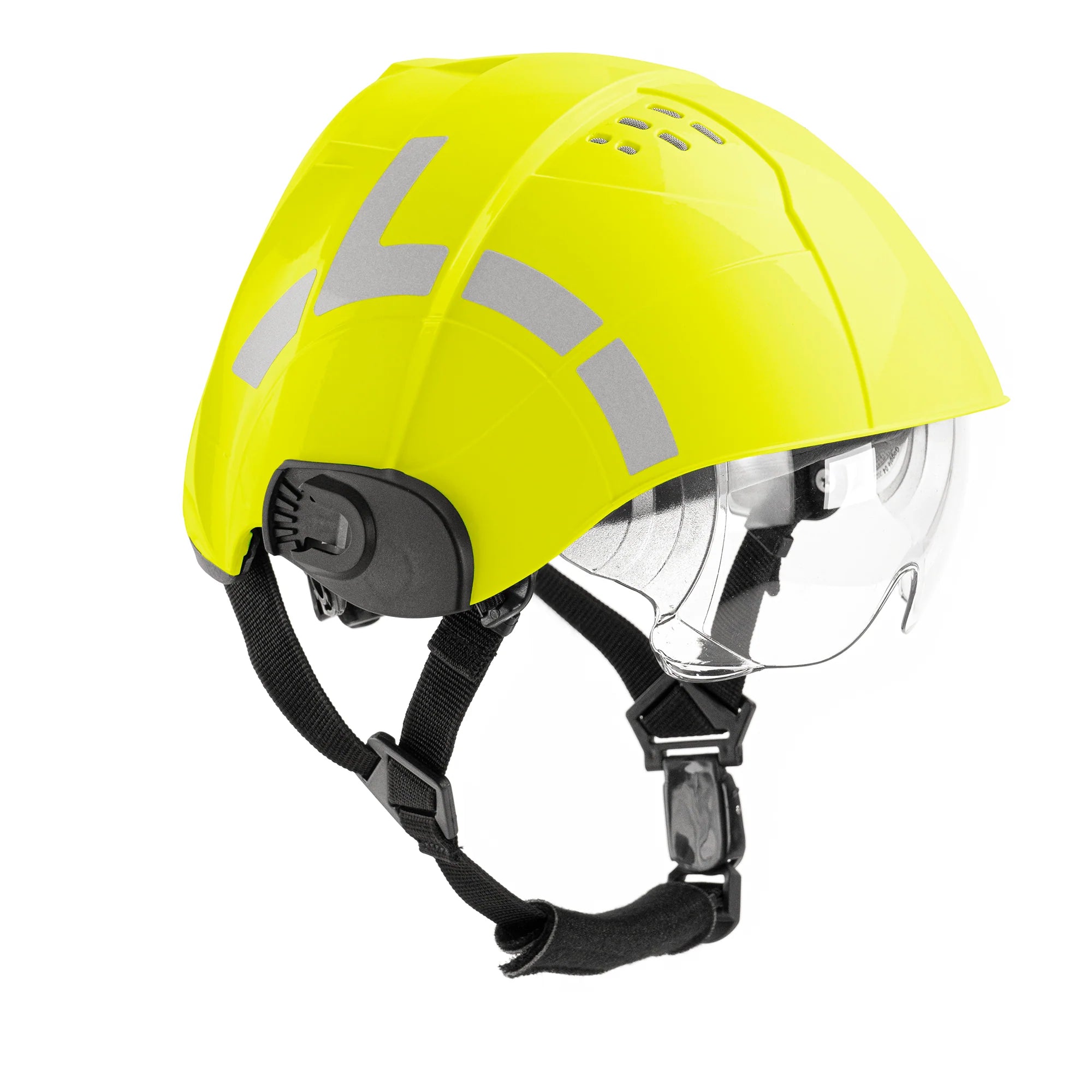 Yellow safety helmet with clear visor on a white background