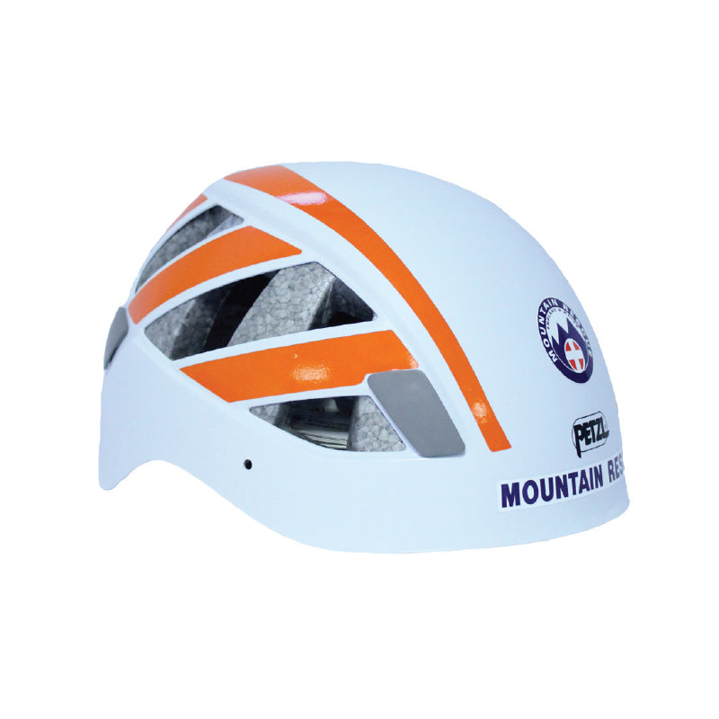 White helmet with orange and blue design on a white background