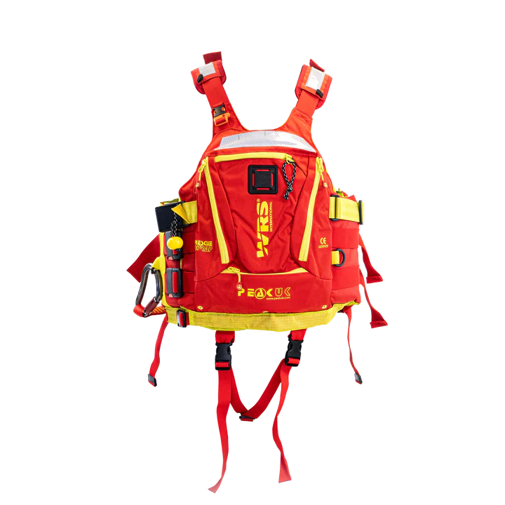 Red and yellow safety harness on a white background