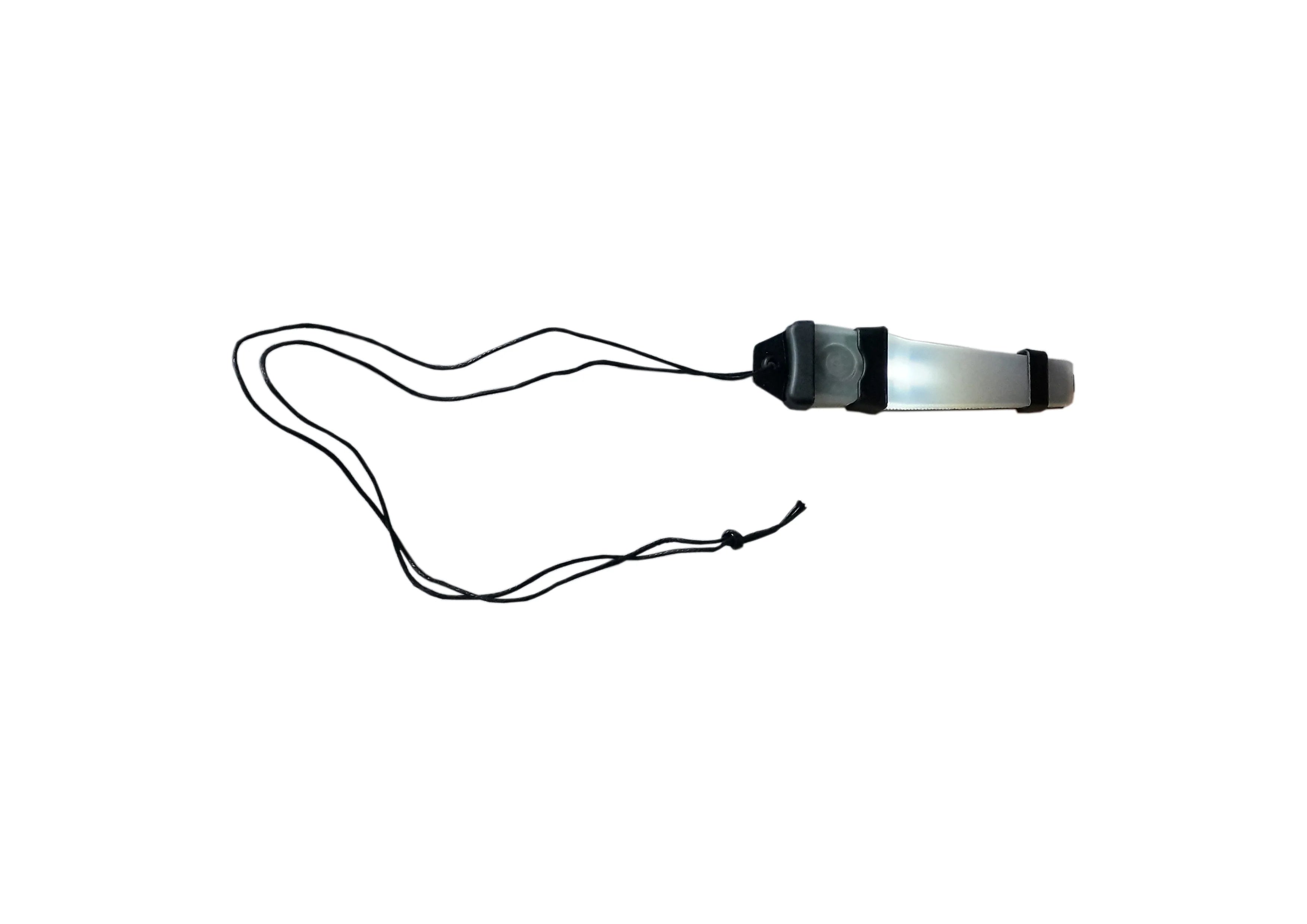 Black flashlight with lanyard on a white background
