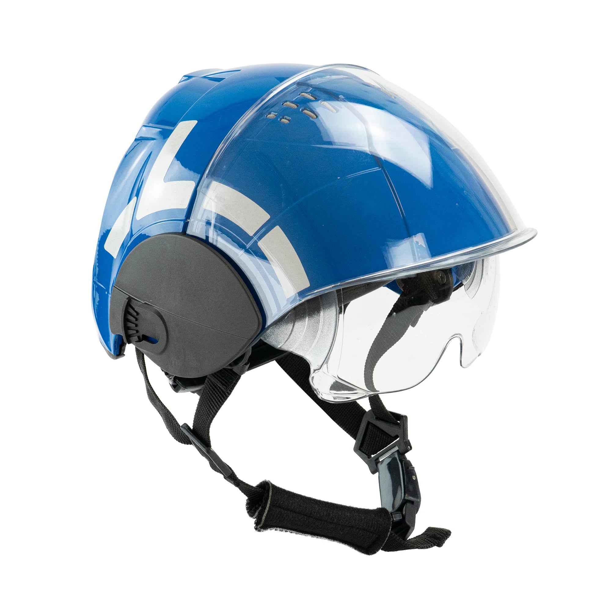 Blue helmet with clear visor on a white background