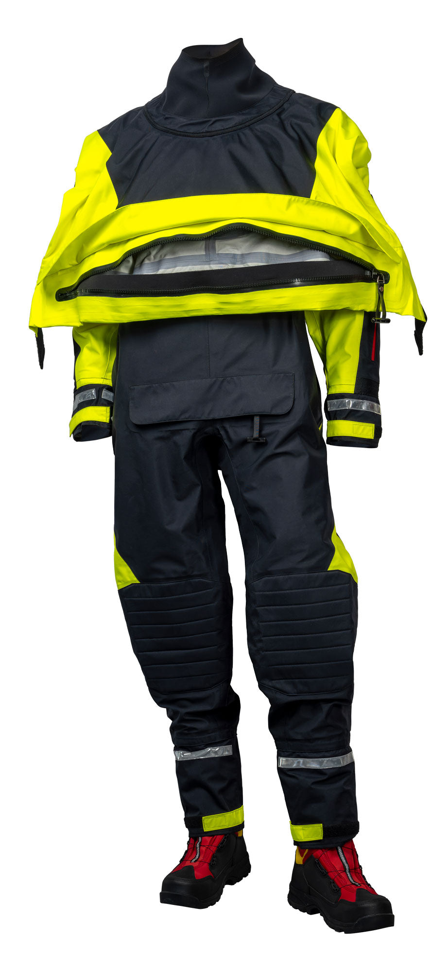 High-visibility safety suit with reflective elements on a white background