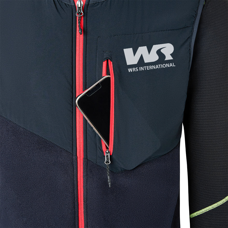 Navy jacket with red zipper pocket featuring WRS International logo