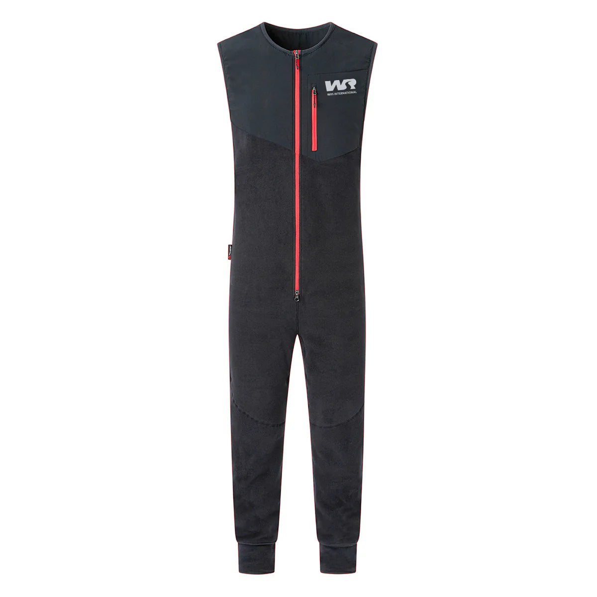 Black jumpsuit with a red zipper on a white background