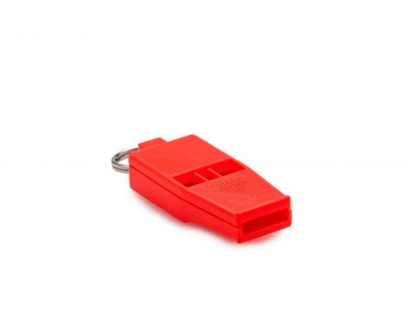 Red whistle with a keyring on a white background