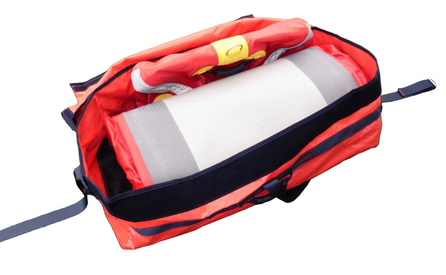 Red and black bag with a roll of paper inside on a white background