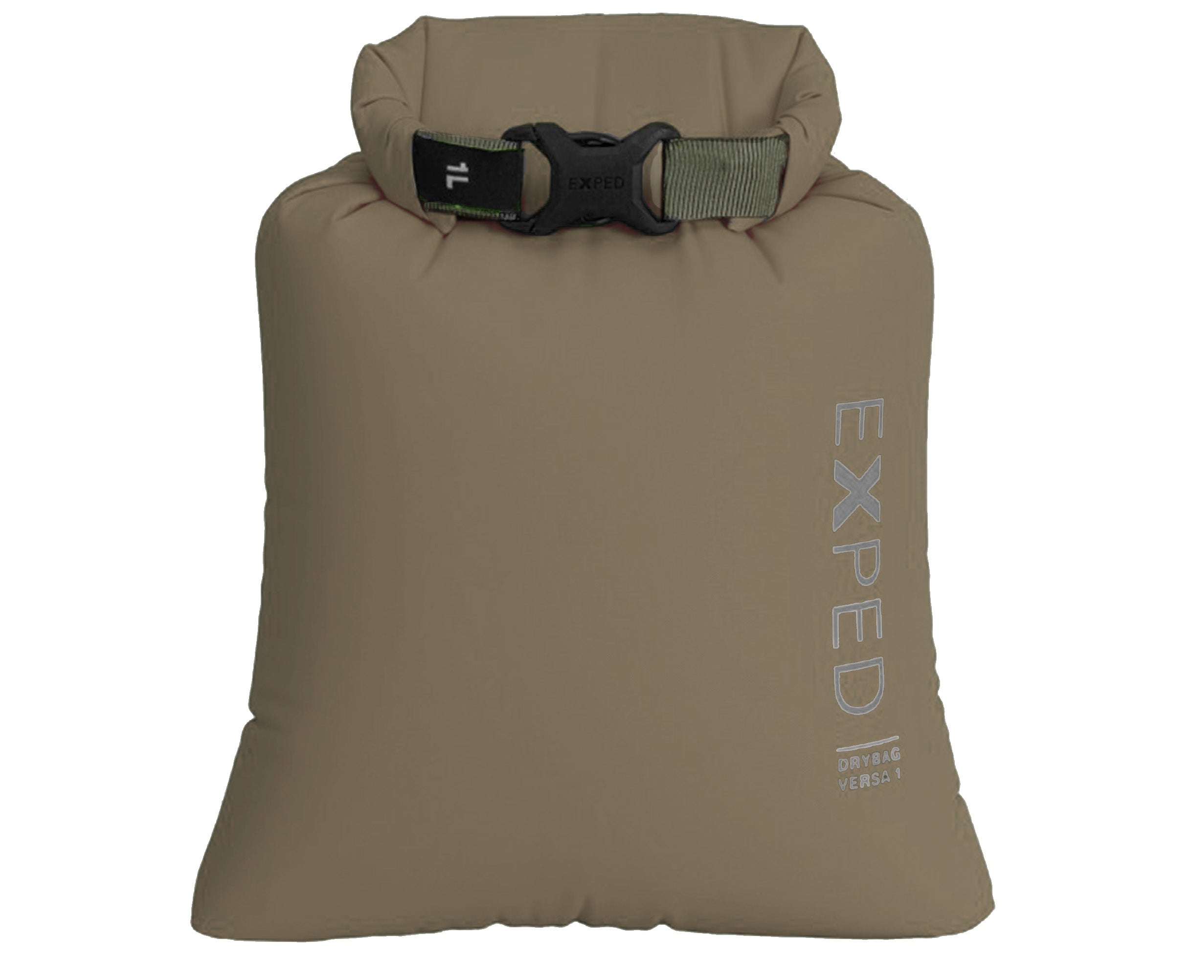 Brown dry bag with a black buckle and 'Exped' branding on a white background