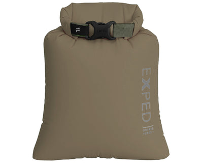 Brown dry bag with a black buckle and 'Exped' branding on a white background
