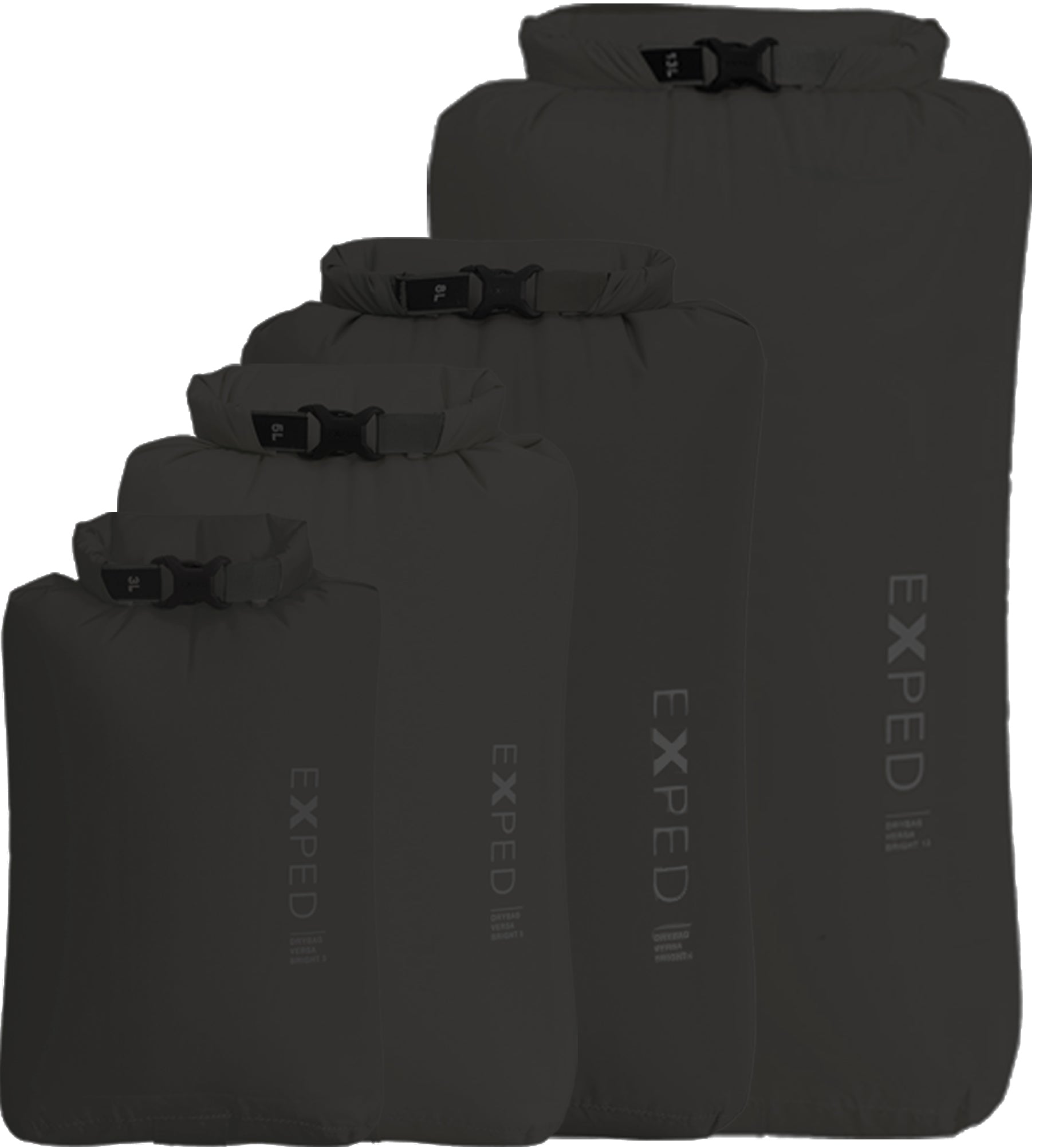 Set of black dry bags with Exped logo on a white background