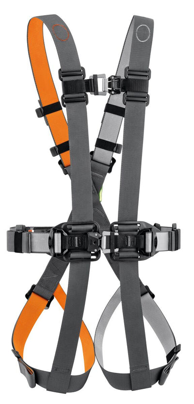 Safety harness with orange and gray straps on a white background