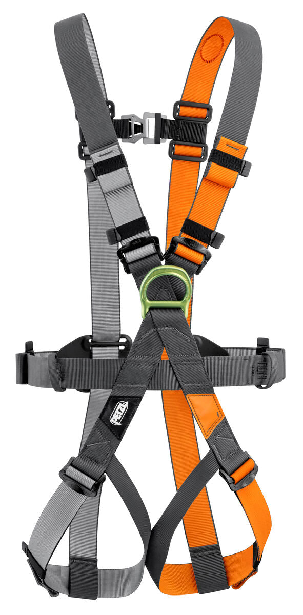 Safety harness with orange and gray straps on a white background