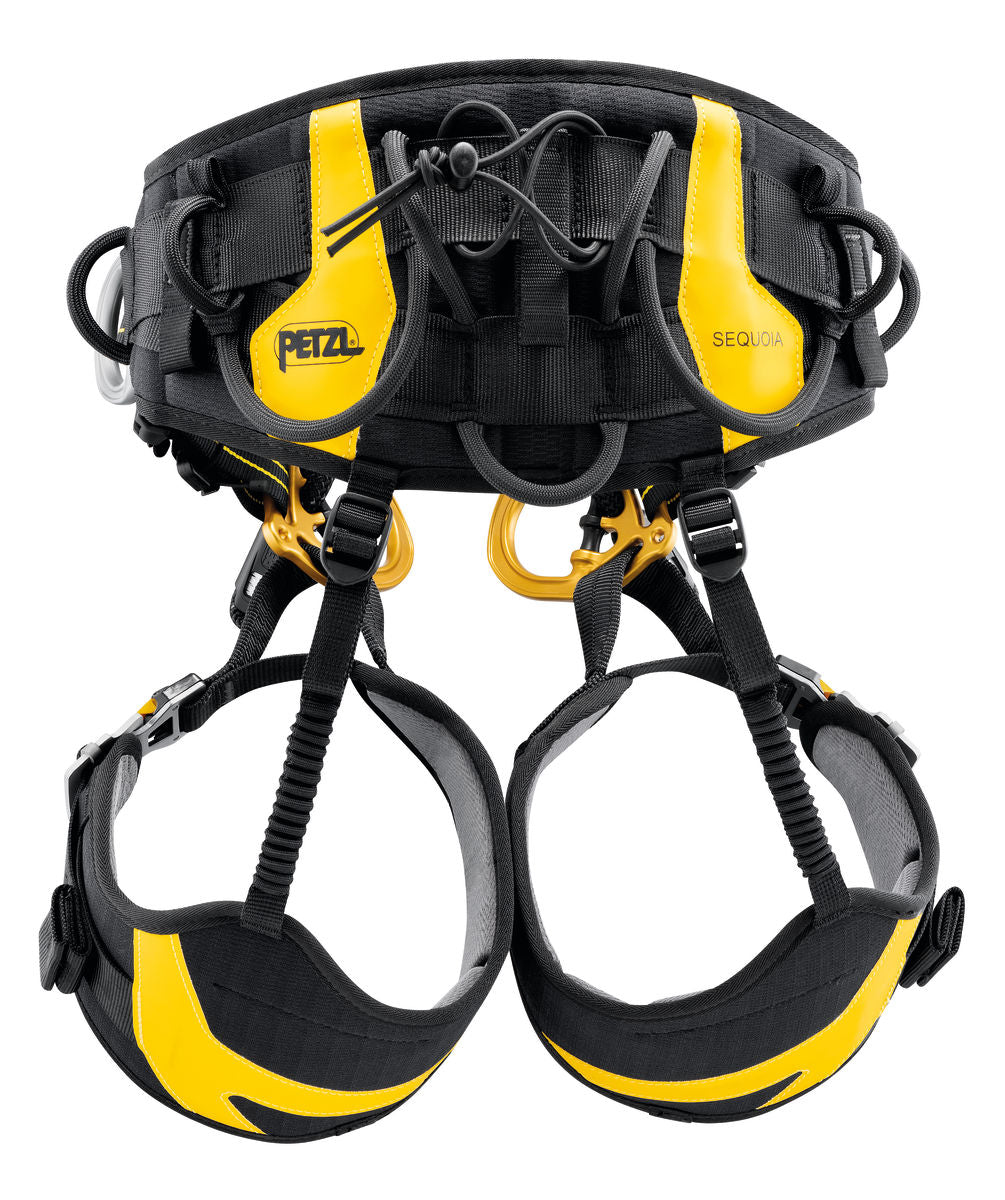 Black and yellow climbing harness with Petzl branding on a white background
